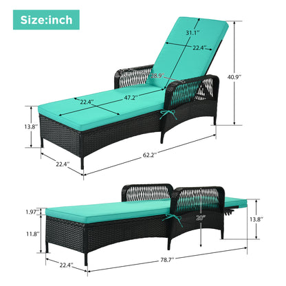 GO Outdoor patio pool PE rattan wicker chair wicker sun lounger, Adjustable backrest, green cushion, Black wicker (1 set)