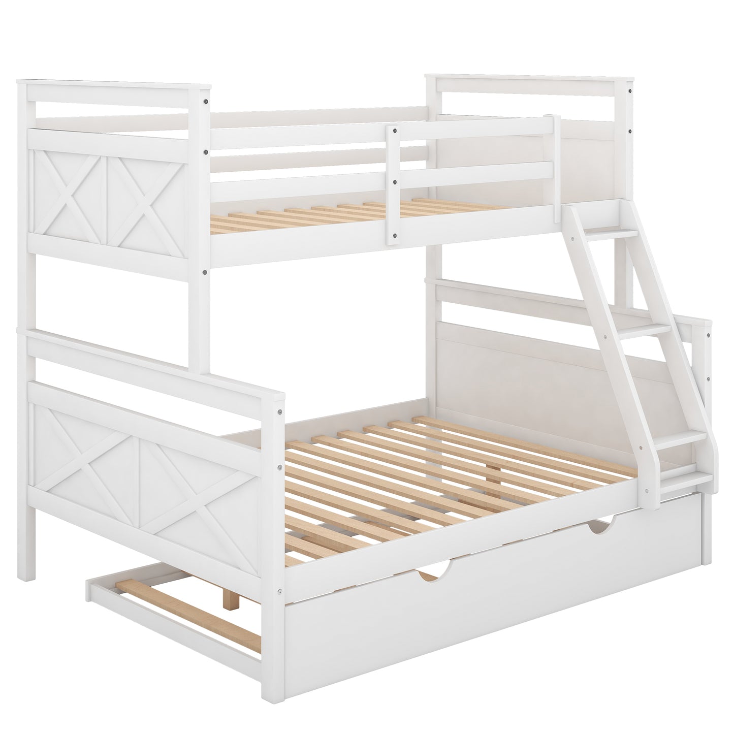 Twin over Full Bunk Bed with Ladder, Twin Size Trundle, Safety Guardrail, White