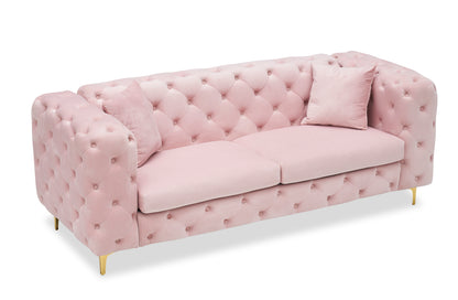 New design comfortable pink loveseat with two throw pillows in the same color