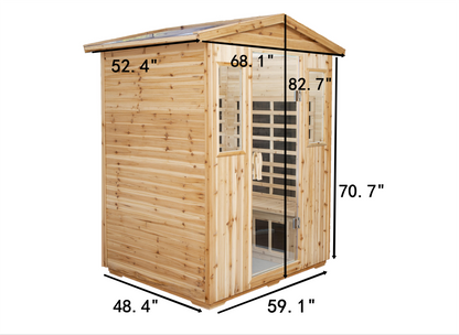 Outdoor Sauna for 4 Person,applicable indoors and outdoors. Far Infrared Sauna 8 Low EMF Heaters, Wooden Sauna Room 2050 Watt, Old Chinese fir, Chromotherapy, Bluetooth Speaker, LCD, LED.