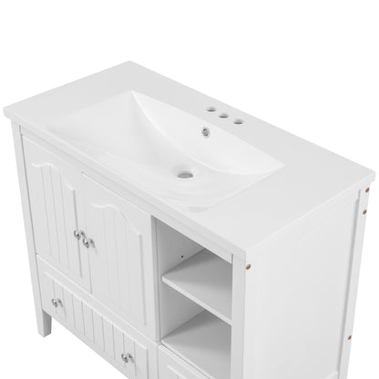 [VIDEO] 36" Bathroom Vanity with Ceramic Basin, Bathroom Storage Cabinet with Two Doors and Drawers, Solid Frame, Metal Handles, White