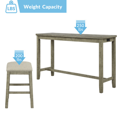 TOPMAX 4 Pieces Counter Height Table with Fabric Padded Stools,Rustic Bar Dining Set with Socket,Gray Green