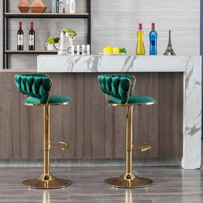 Set of 2  Bar Stools,with Chrome Footrest and Base Swivel Height Adjustable Mechanical Lifting Velvet + Golden Leg Simple Bar Stool-Green