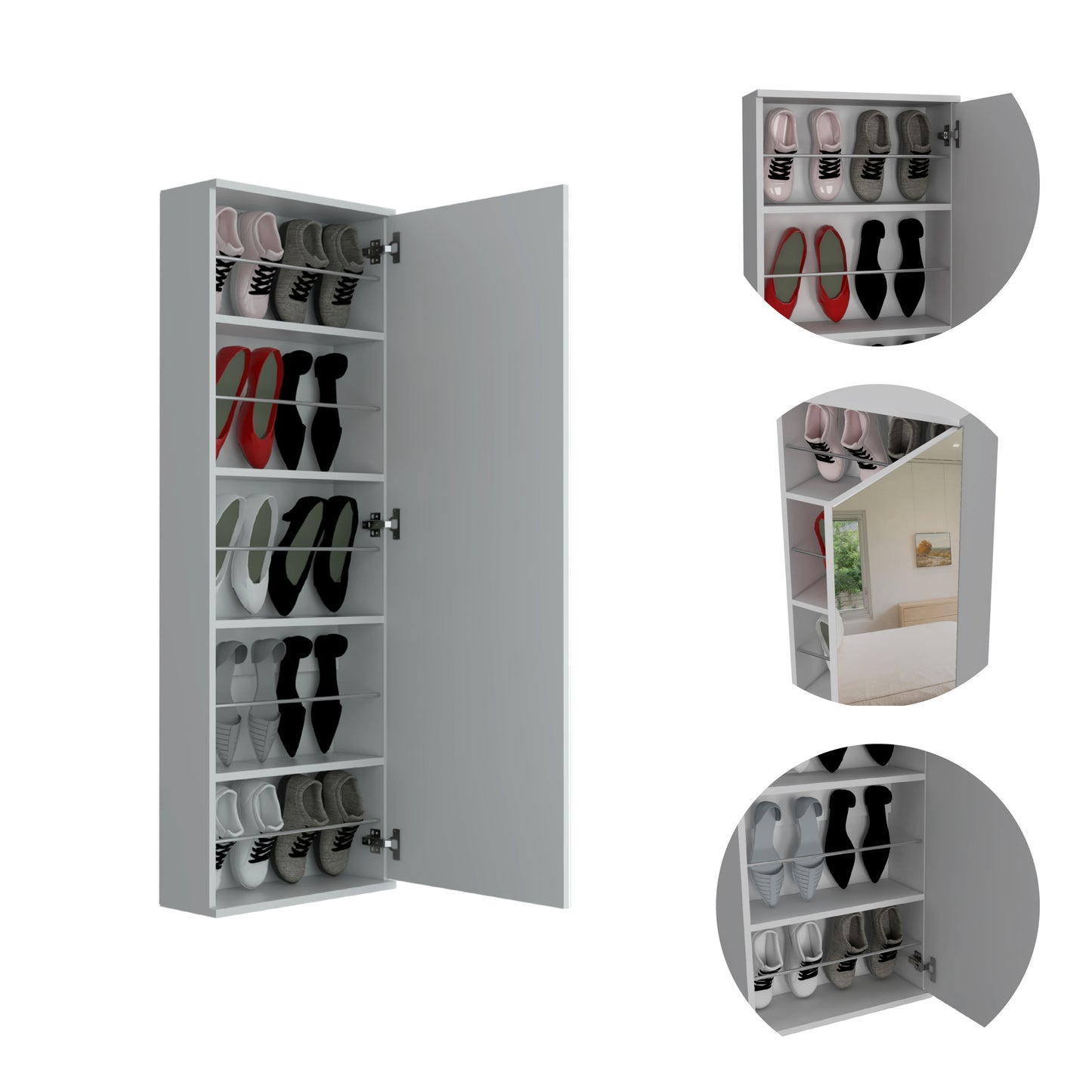 Montauk 5-Shelf Wall Mounted Shoe Cabinet with Mirror Door Light Grey