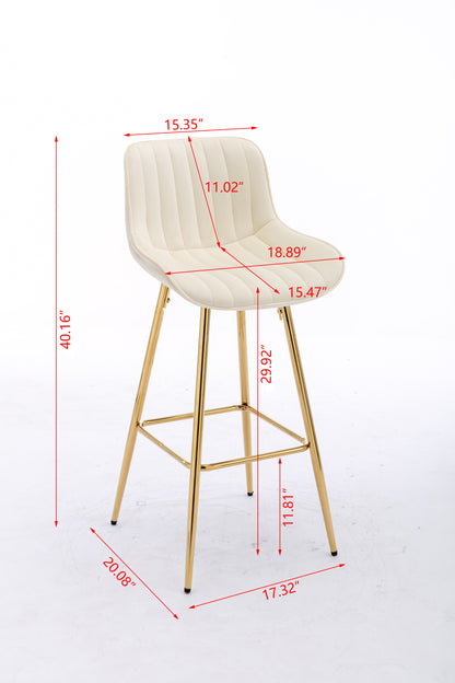 30 inch Set of 2 Bar Stools,with Chrome Footrest Velvet Fabric Counter Stool Golden Leg Simple High Bar Stool,CREAM