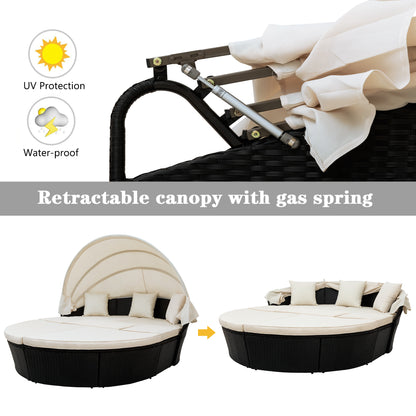 Outdoor rattan daybed sunbed with Retractable Canopy Wicker Furniture, Round Outdoor Sectional Sofa Set, black Wicker Furniture Clamshell  Seating with Washable Cushions, Backyard, Porch, Beige.