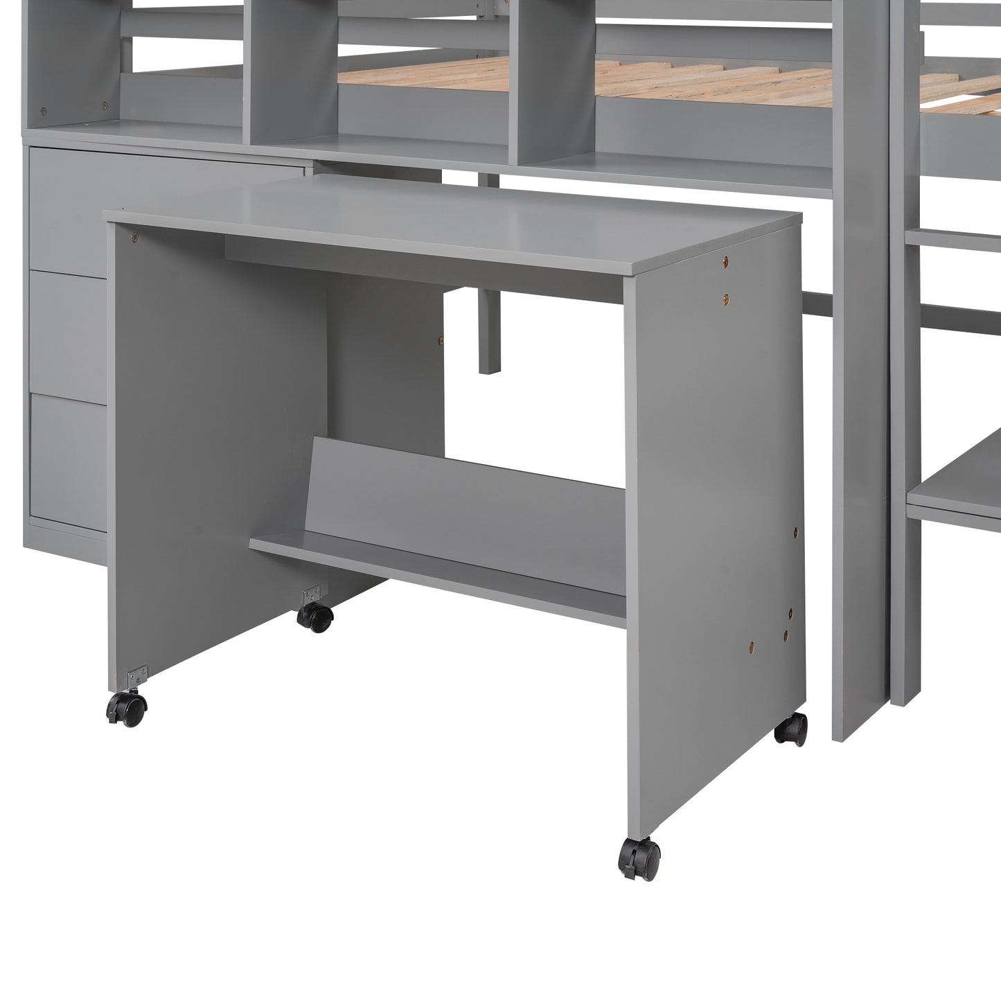 Full Size Low Loft Bed with Rolling Portable Desk, Drawers and Shelves,  Gray