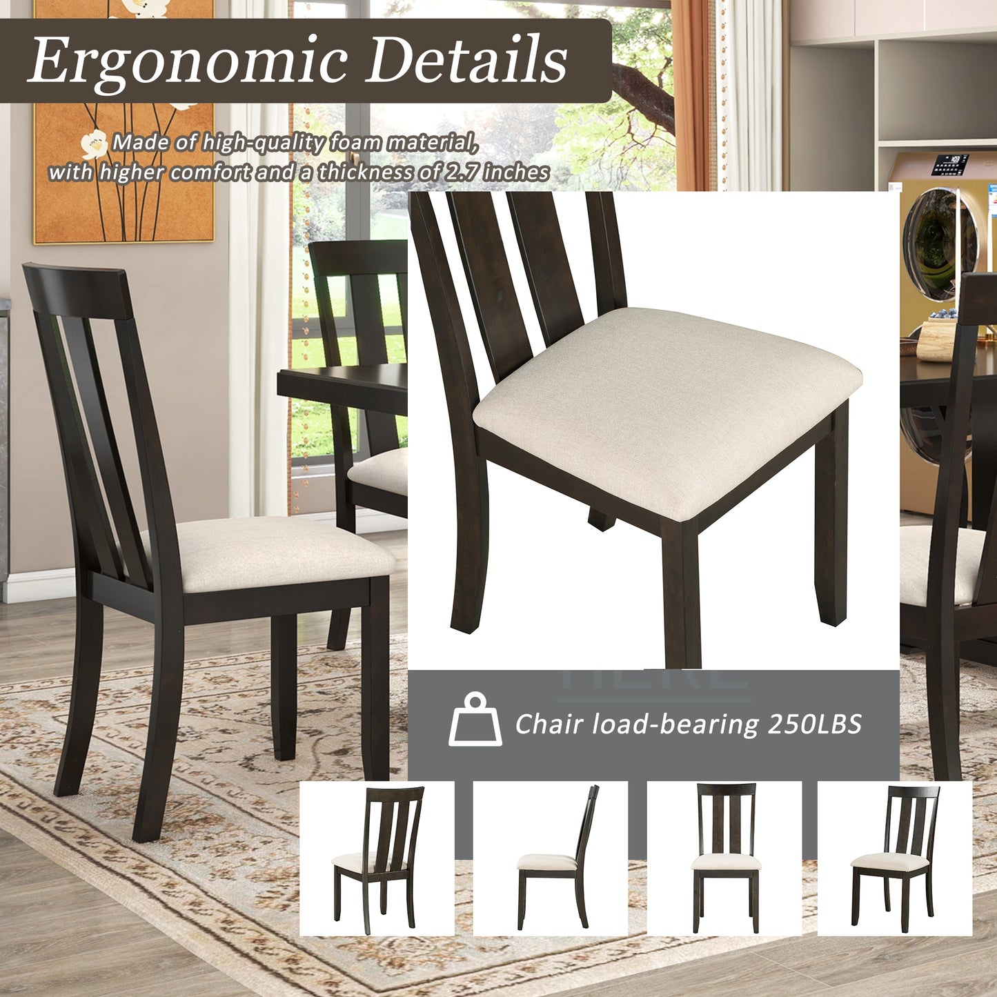 TREXM 7-Piece Retro Style Dining Table Set 78" Wood Rectangular Table and 6 Dining Chairs for Dining Room (Espresso)