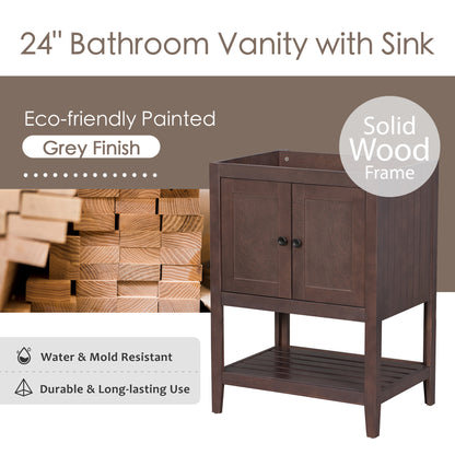 24" Bathroom Vanity Base Only, Soild Wood Frame, Bathroom Storage Cabinet with Doors and Open Shelf, Brown