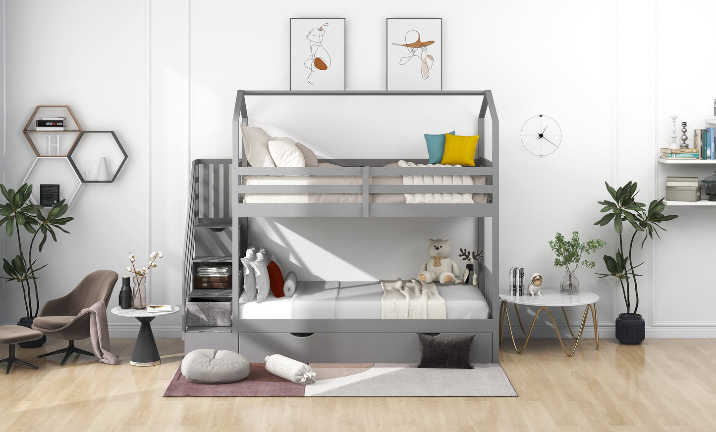 Multifunctional Twin over Twin House Bunk Bed with Staircase and Storage Space,Gray