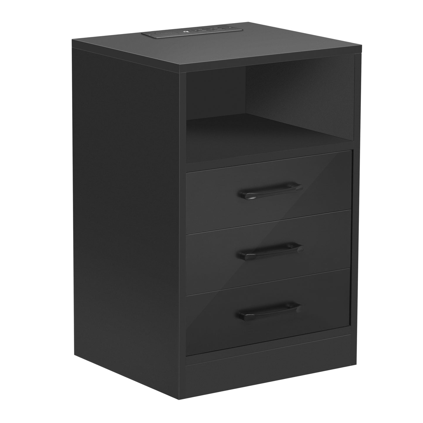 Nightstand with 3 Drawers and Cabinet,USB Charging Ports, Wireless Charging and Remote Control LED Light-Black