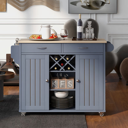 K&K Store Kitchen Island Cart with Two Storage Cabinets and Four Locking Wheels，Wine Rack, Two Drawers,Spice Rack, Towel Rack （Grey Blue）