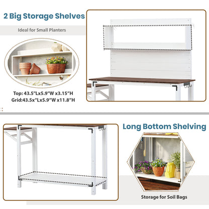 TOPMAX 65inch Garden Wood Workstation Backyard Potting Bench Table with Shelves, Side Hook and Foldable Side Table,White