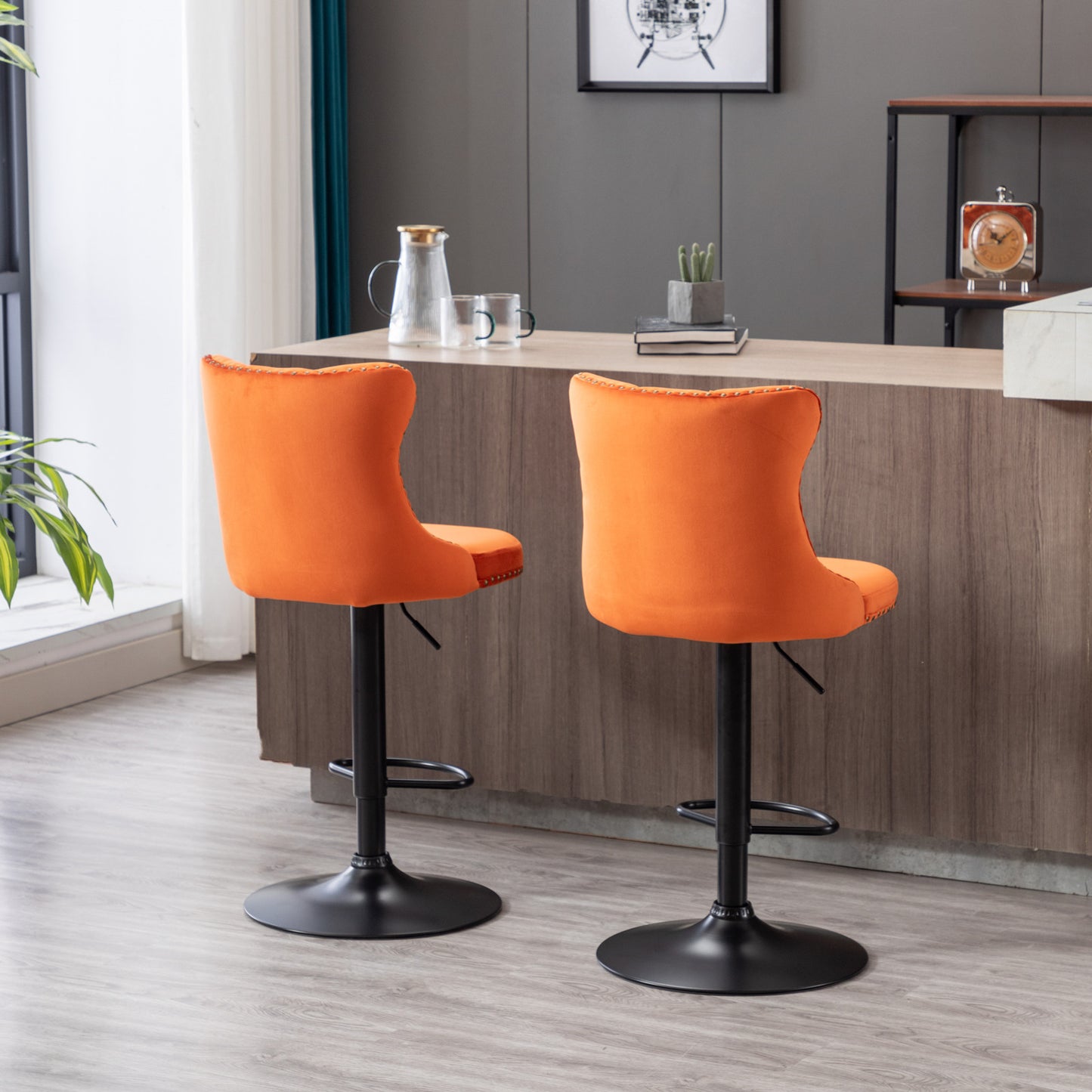 A&A Furniture,Swivel Velvet Barstools Adjusatble Seat Height from 25-33 Inch, Modern Upholstered Bar Stools with Backs Comfortable Tufted for Home Pub and Kitchen Island（Orange,Set of 2）