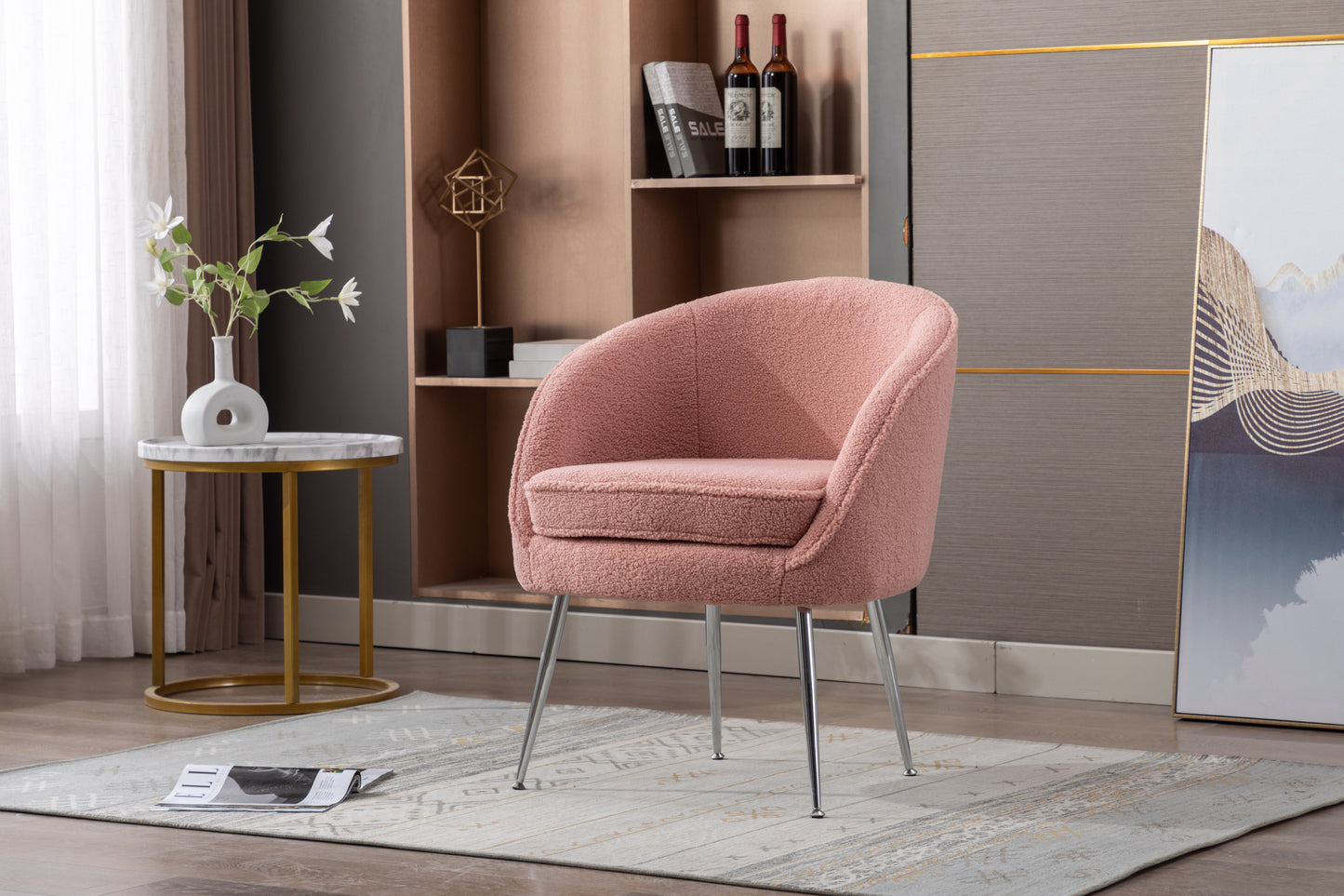 Soft Teddy Fabric Accent Armchair Dining Chair With Shining Electroplated Chrome Legs,Pink