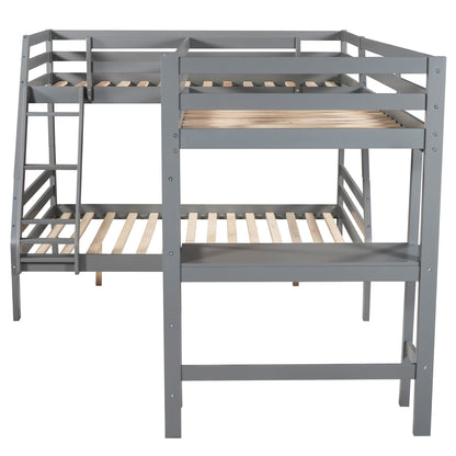 L-Shaped Twin over Full Bunk Bed and Twin Size Loft Bed with Built-in Desk,Gray