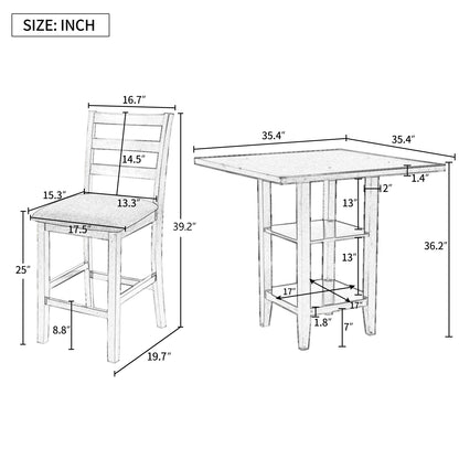 TREXM 5-Piece Wooden Counter Height Dining Set with Padded Chairs and Storage Shelving (Gray)