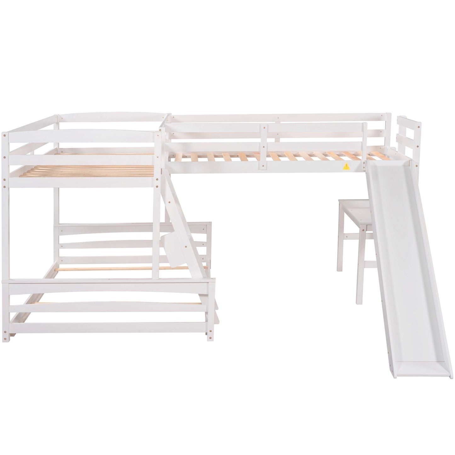 Twin over Full Bunk Bed with Twin Size Loft Bed with Desk and Slide,Full-Length Guardrail, White