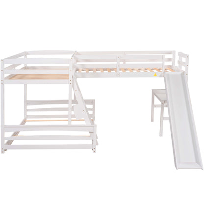 Twin over Full Bunk Bed with Twin Size Loft Bed with Desk and Slide,Full-Length Guardrail, White