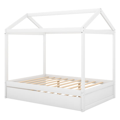 Full Size House Bed with Trundle,Support Legs,White