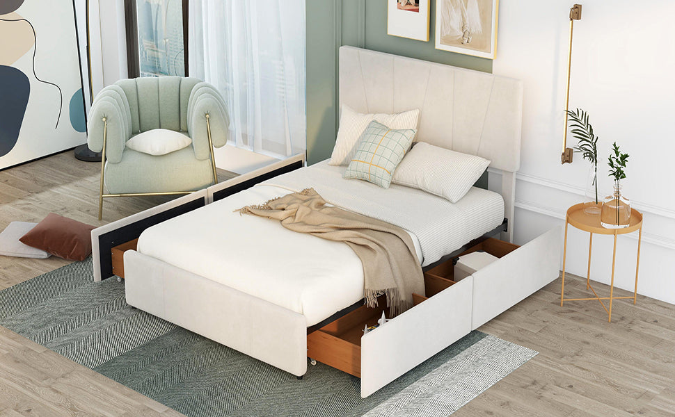 Full Size Upholstery Platform Bed with Four Drawers on Two Sides,Adjustable Headboard,Beige