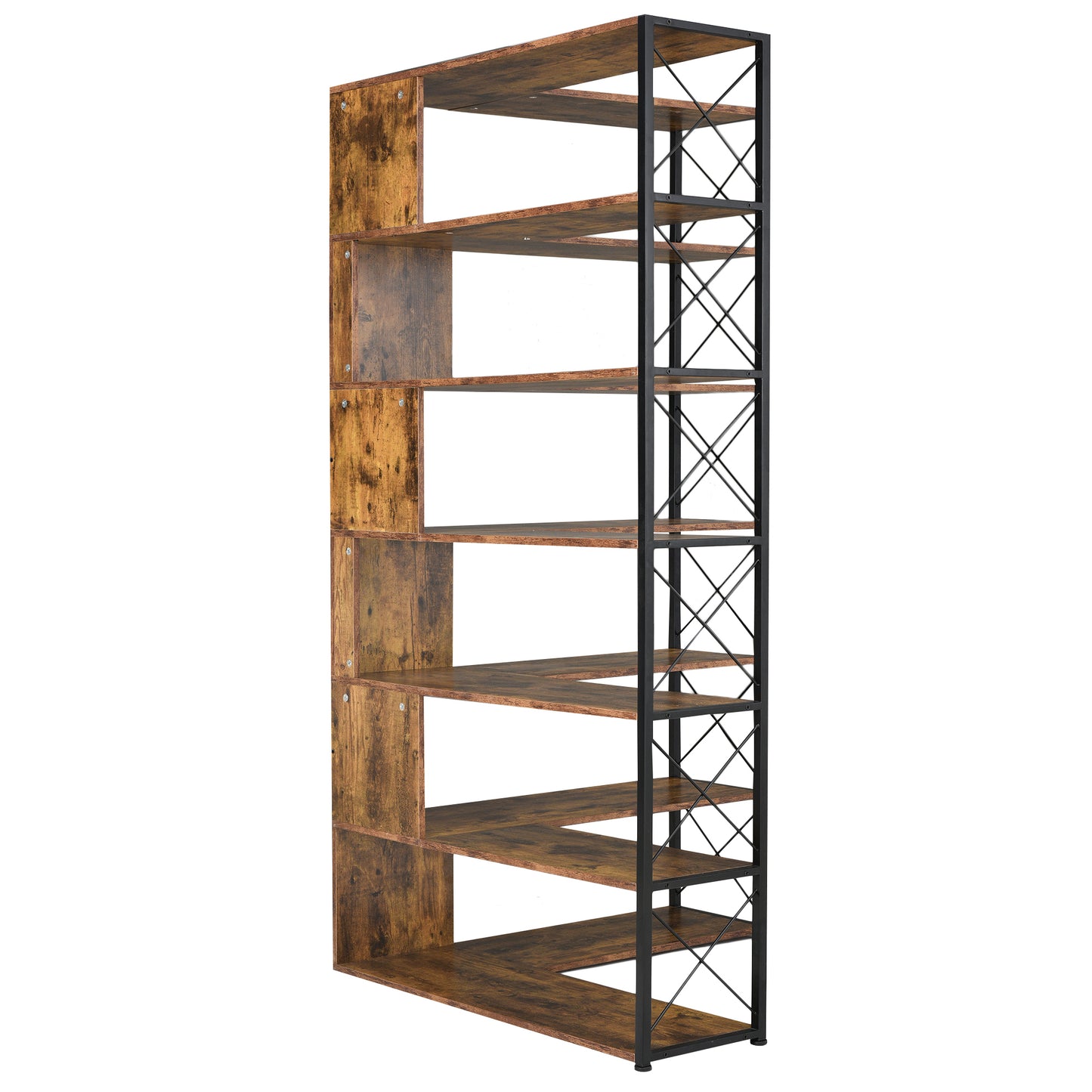 7-Tier Bookcase Home Office Bookshelf,  L-Shaped Corner Bookcase with Metal Frame, Industrial Style Shelf with Open Storage, MDF Board