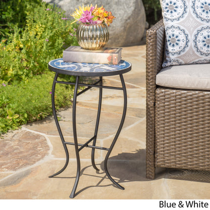 Harington Outdoor Blue & White Ceramic Tile Iron Frame Side Table