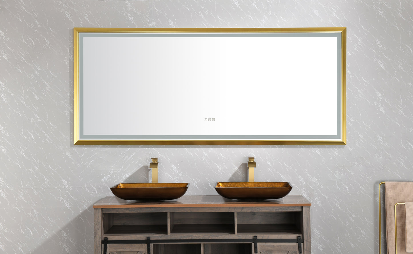 84 in. W x 36 in. H Oversized Rectangular Gold Framed LED Mirror Anti-Fog Dimmable Wall Mount Bathroom Vanity Mirror HD Wall Mirror Kit For Gym And Dance Studio 36 X 84Inches With