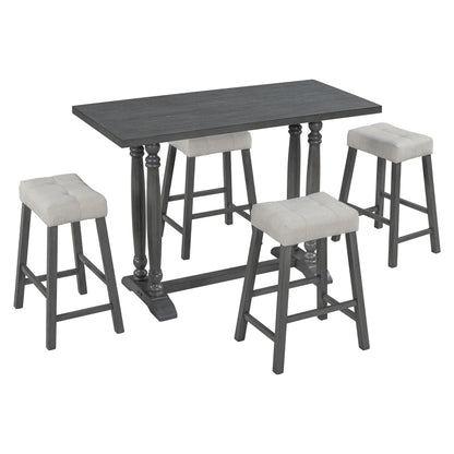 TREXM 5-Piece Dining Table Set, Counter Height Dining Furniture with a Rustic Table and 4 Upholstered Stools for Kitchen, Dining Room (Gray)