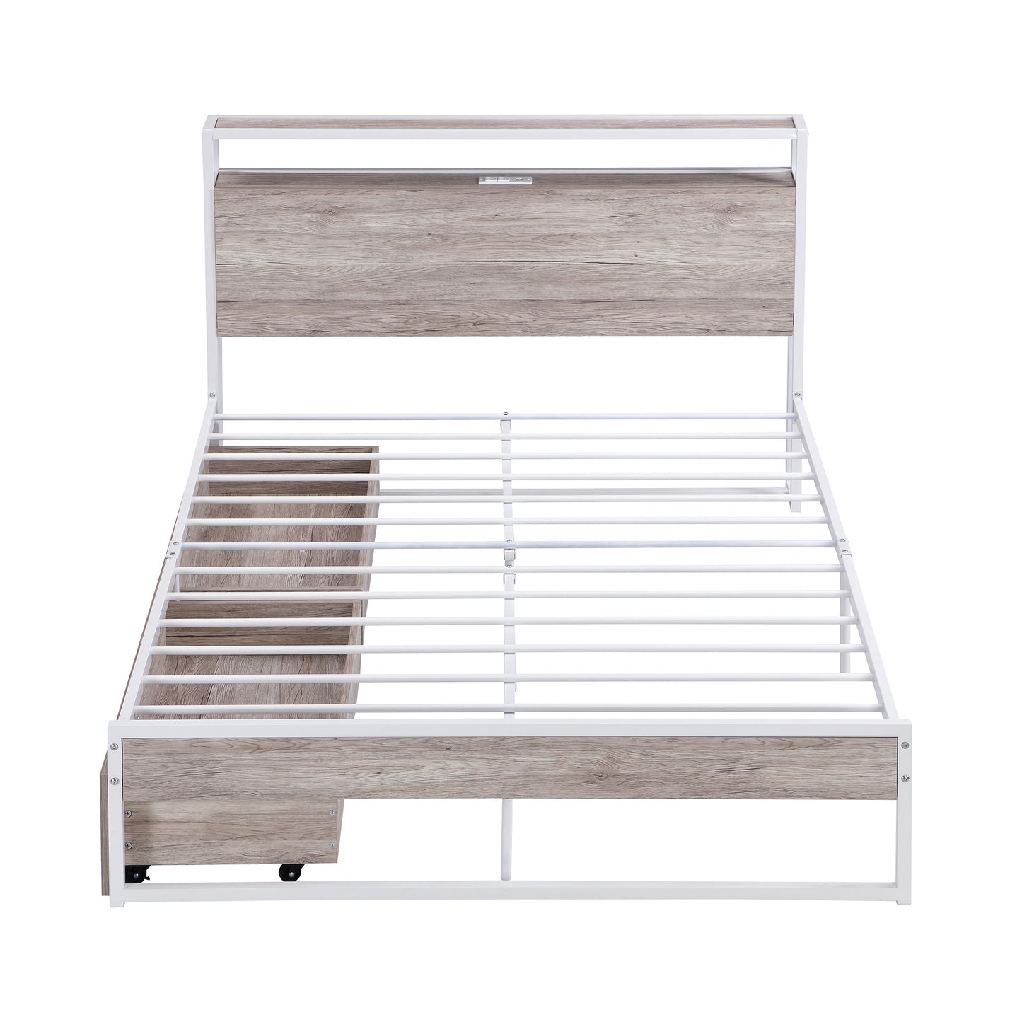 Full Size Metal Platform Bed Frame with  Two Drawers,Sockets and USB Ports ,Slat Support No Box Spring Needed White