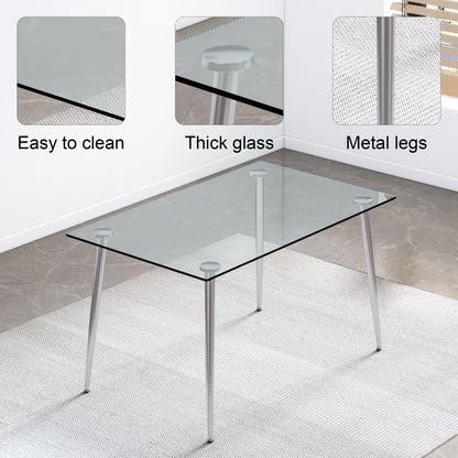 Modern Minimalist Rectangular Glass  Dining Table for 4-6 with 0.31" Tempered Glass Tabletop and Silver plating Metal Legs, Writing Table Desk, for Kitchen Dining Living Room, 51" W x 31"D x 30" H