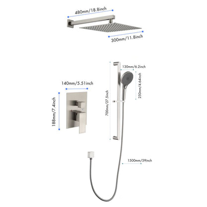 Shower System 12 Inch Square Bathroom Luxury Rain Mixer Shower Combo Set Pressure Balanced Shower System with Shower Head, Hand Shower, Slide Bar, Shower Arm, Hose, and Valve Trim