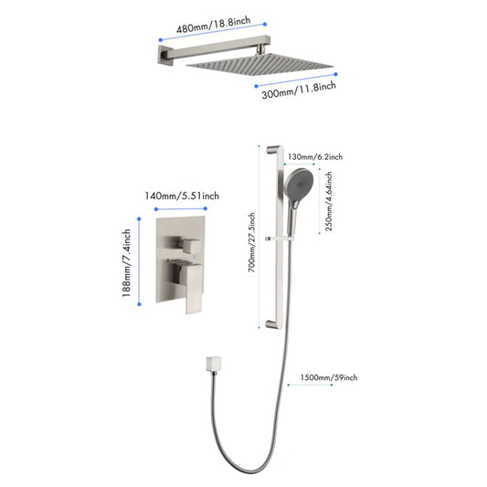 Shower System 12 Inch Square Bathroom Luxury Rain Mixer Shower Combo Set Pressure Balanced Shower System with Shower Head, Hand Shower, Slide Bar, Shower Arm, Hose, and Valve Trim