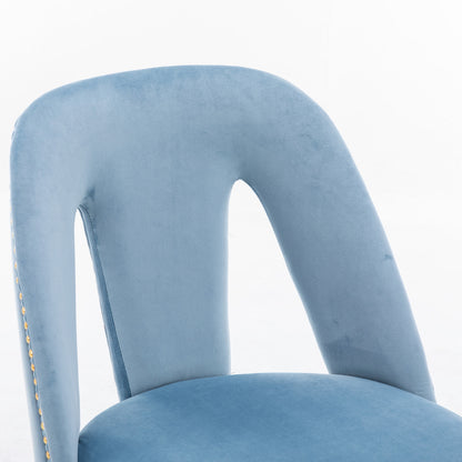 A&A Furniture,Akoya Collection Modern | Contemporary Velvet Upholstered Dining Chair with Nailheads and Gold Tipped Black Metal Legs, Light Blue，Set of 2