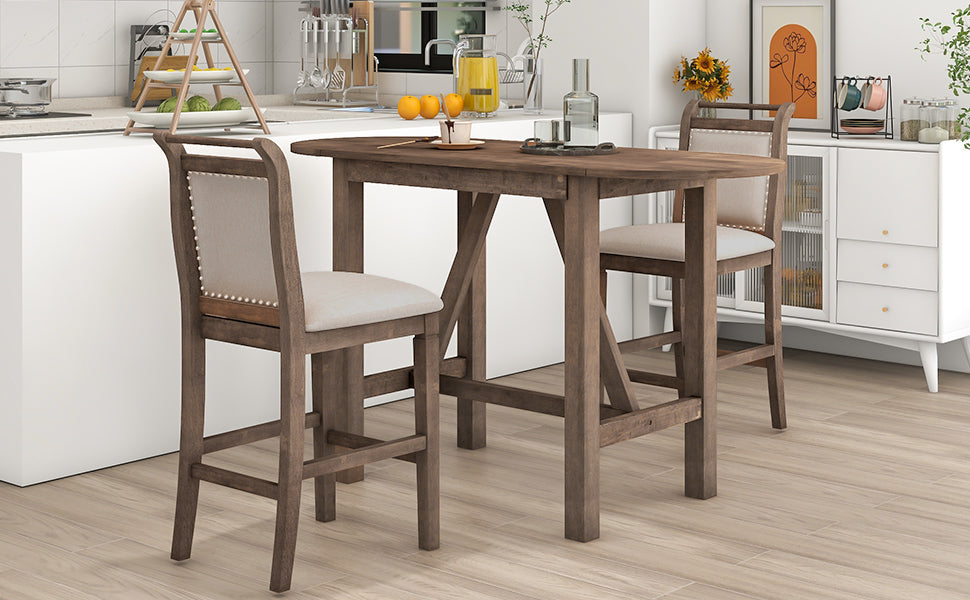 TOPMAX 3-Piece Wood Counter Height Drop Leaf  Dining Table Set with 2 Upholstered Dining Chairs for Small Place, Brown