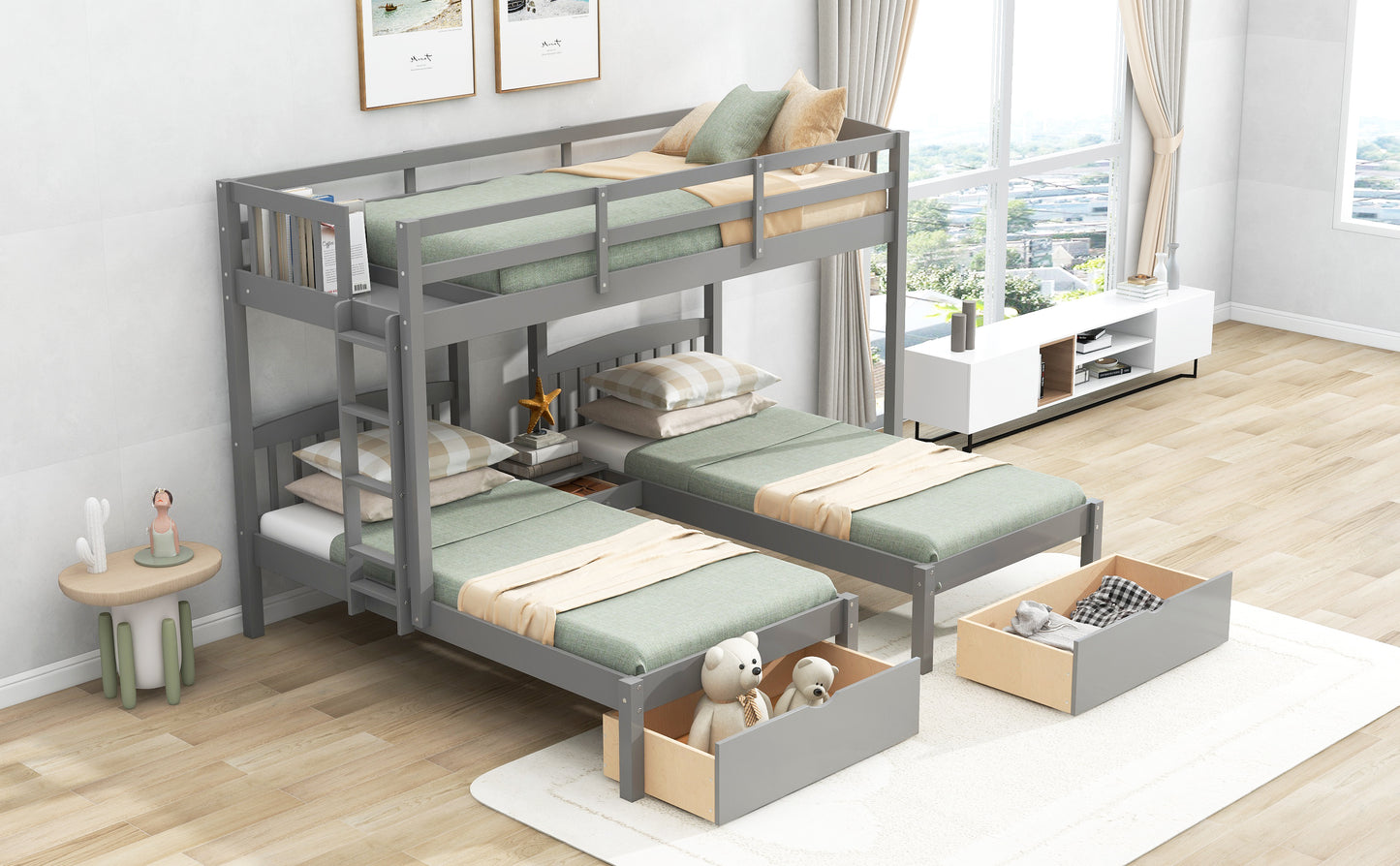 Twin over Twin & Twin Bunk Bed with Two Drawers and Built-in Middle Drawer, Gray