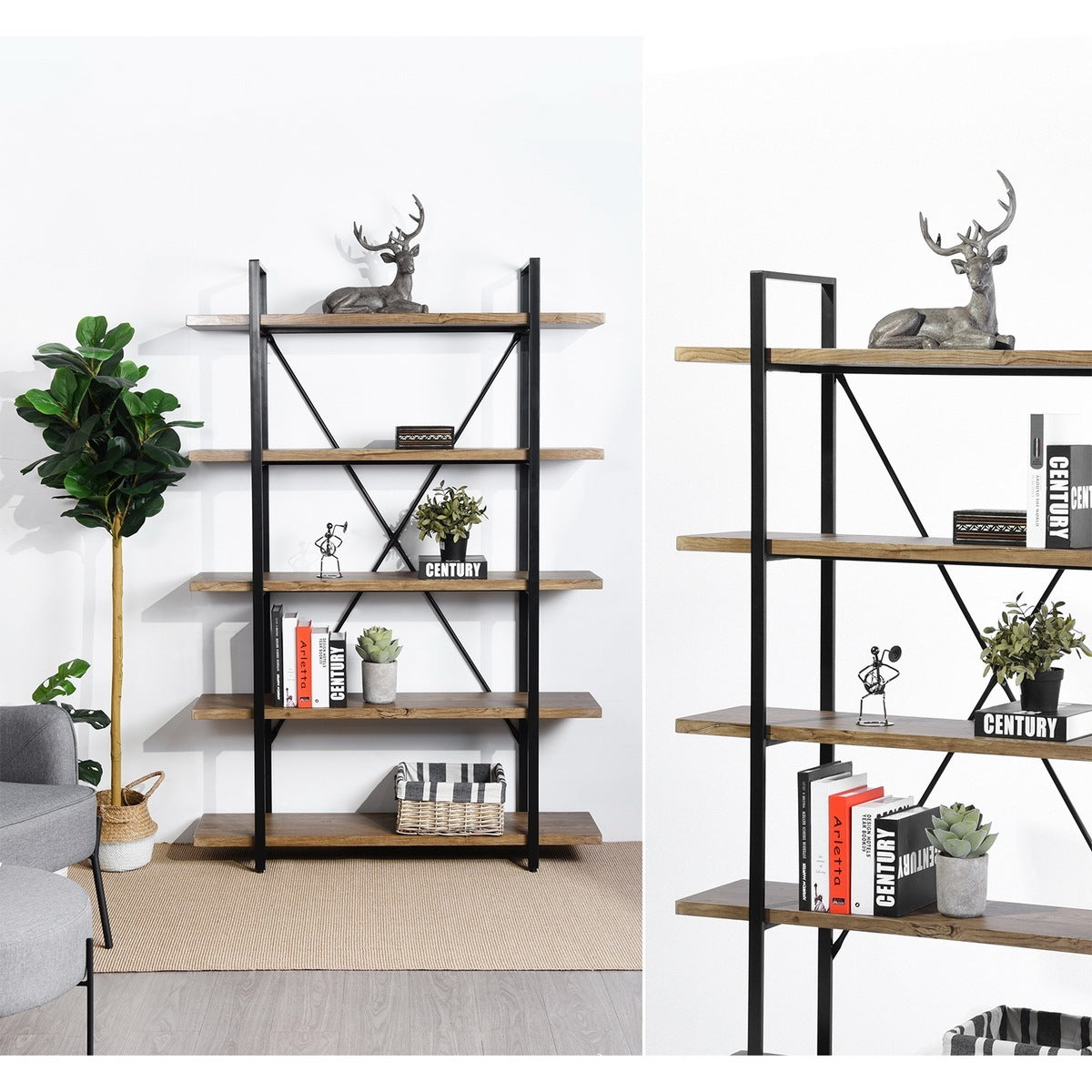 5-Tier Industrial Bookcase With Rustic Wood And Metal Frame, Large Open Bookshelf For Living Room