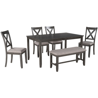 TREXM 6-Piece Kitchen Dining Table Set Wooden Rectangular Dining Table, 4 Fabric Chairs and Bench Family Furniture (Grey)