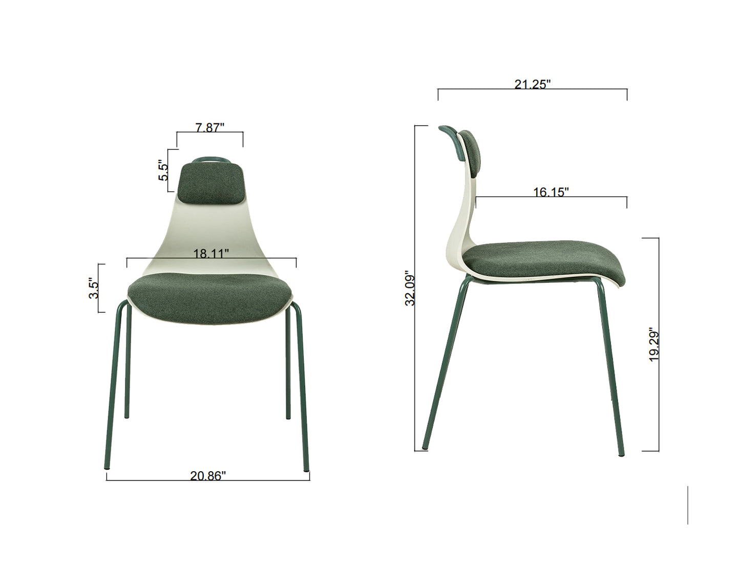 Leisure Chair Dining Chair with match color pad, tilt degree 15°,iron foot with mute pad,300LBS, Green，set of 2