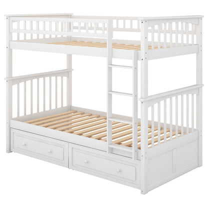 Twin over Twin Bunk Bed with Drawers, Convertible Beds, White