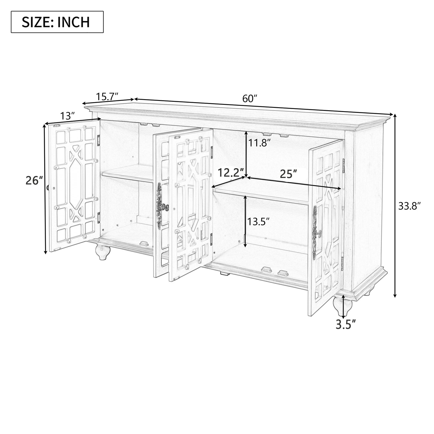 TREXM Sideboard with Adjustable Height Shelves, Metal Handles, and 4 Doors for Living Room, Bedroom, and Hallway (Espresso)