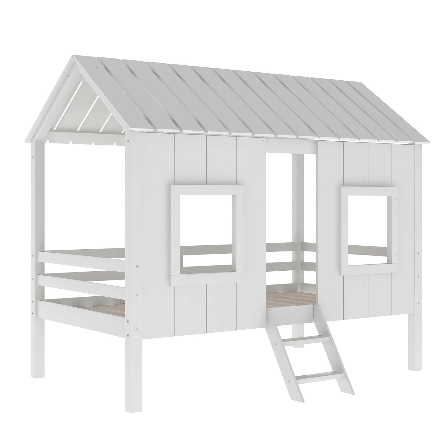 Twin Size Low Loft House Bed with Roof and Two Front Windows,White(OLD SKU:SM000703AAK)