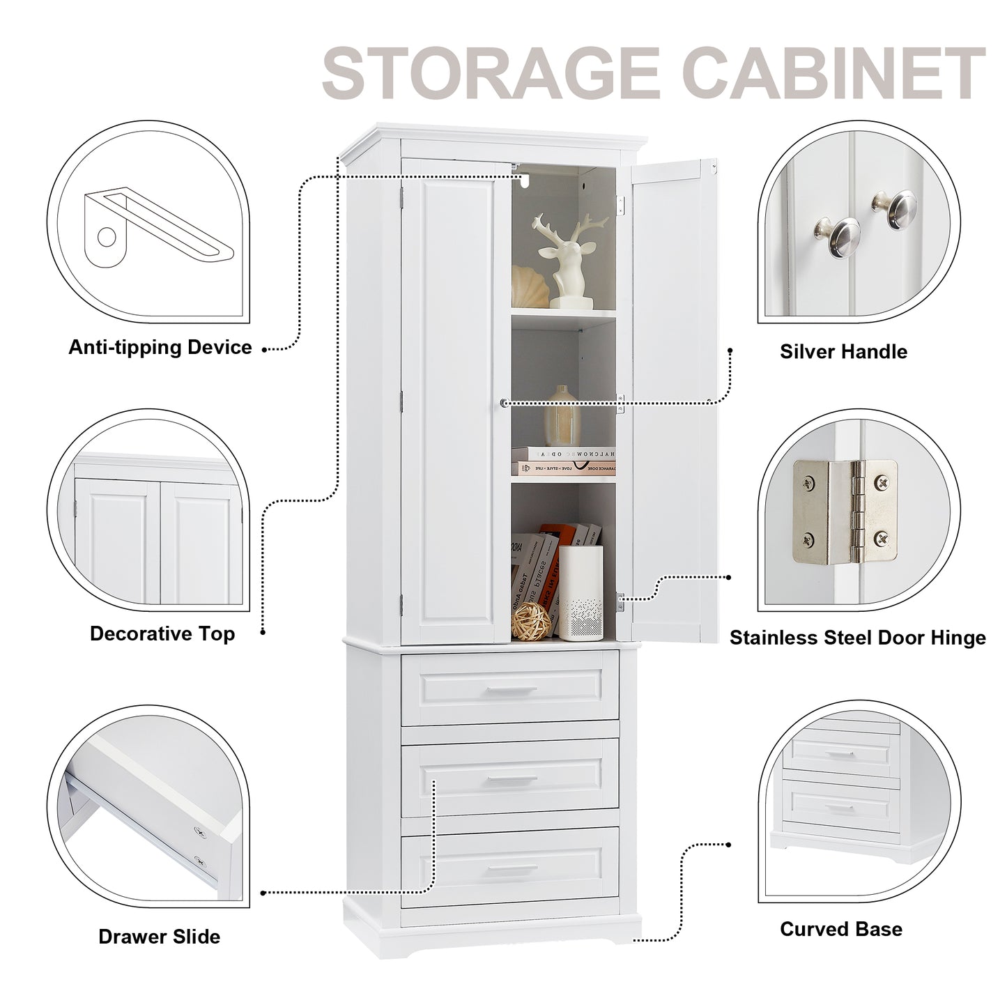 Tall Storage Cabinet with Three Drawers for Bathroom/Office, White