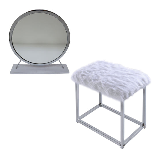 ACME Adao Vanity Mirror & Stool, Faux Fur, Mirror, White & Chrome Finish AC00935