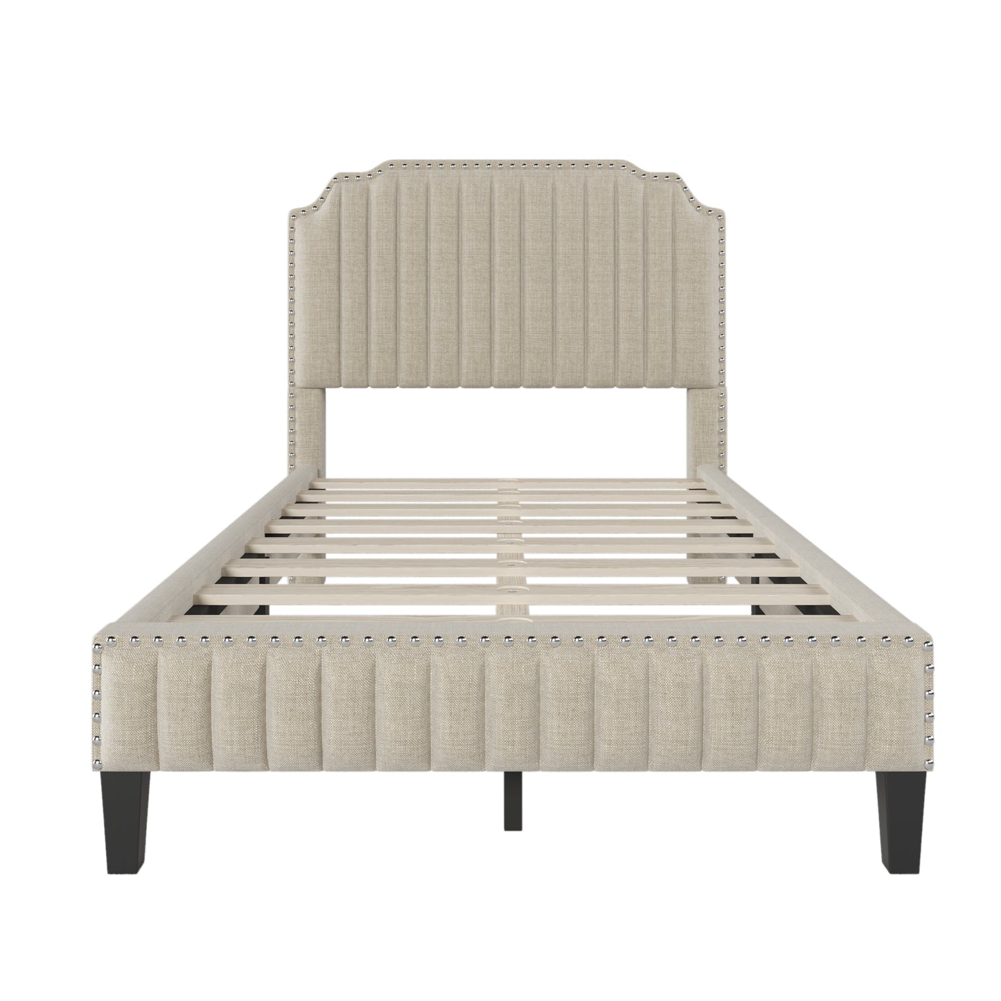 Modern Linen Curved Upholstered Platform Bed , Solid Wood Frame , Nailhead Trim, Cream (Full)