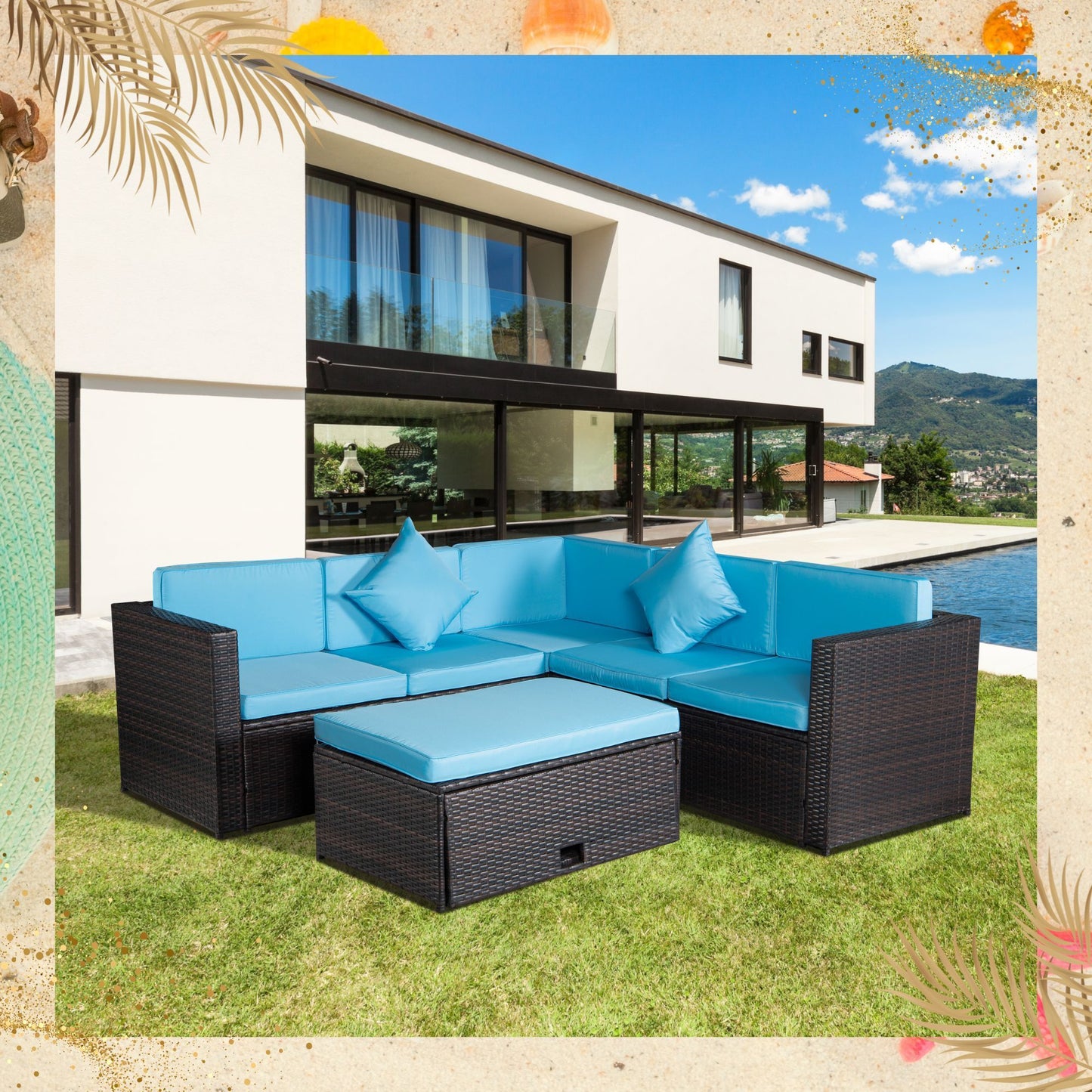 Patio Set 4-Piece Brown Poly Rattan Blue Cushion Combined 2 Blue Pillows Sectional Option Sofa Sets And Multifunctional Table