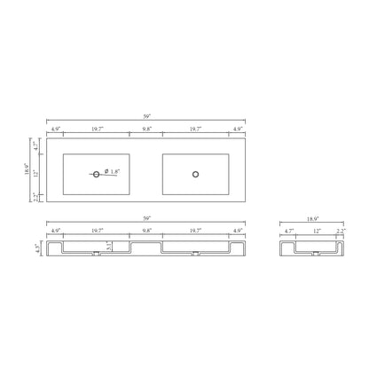 60inch Solid surface double basin including mounting fittings