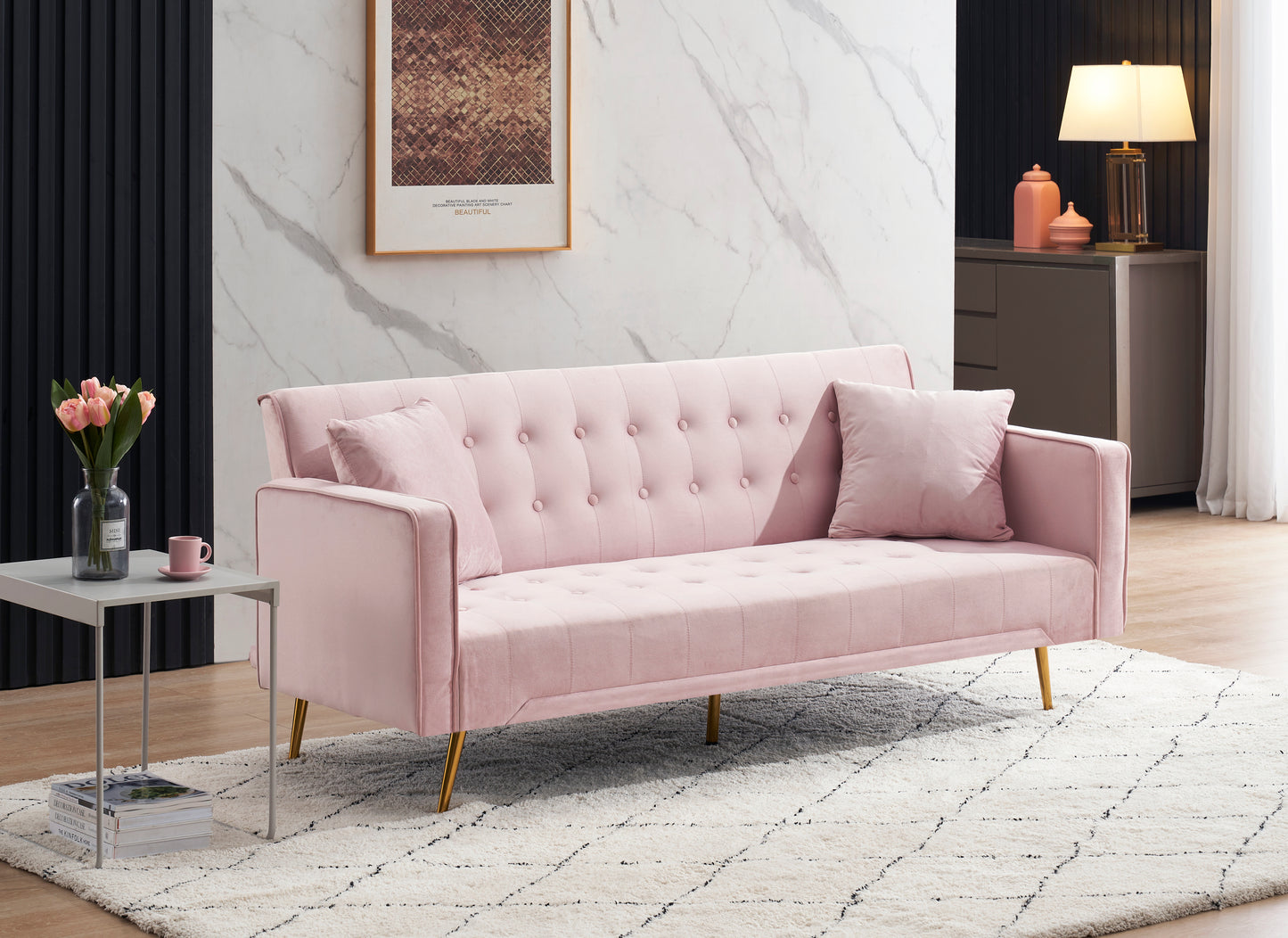 Modern pink multifunctional sofa bed with three levels of adjustment ( without pillow)