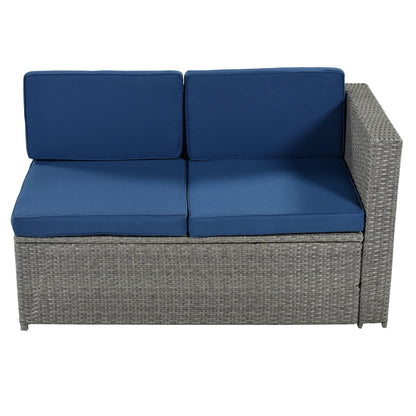 U_Style 9 Piece Rattan Sectional Seating Group with Cushions and Ottoman, Patio Furniture Sets, Outdoor Wicker Sectional, Grey Ratten+Blue Cushions