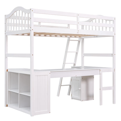 Twin size Loft Bed with Drawers, Cabinet, Shelves and Desk, Wooden Loft Bed with Desk - White(OLD SKU :LT000505AAK)